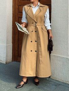 Dazy Plus Vacation Holiday Outfit Sleeveless Double-Breasted Waist-Cinching Tie-Front Khaki Denim Dress - Khaki - View 7