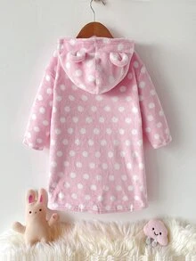 SHEIN 女童秋冬甜美卡通3D耳飾設計厚絨粉色珊瑚絨波點印花連帽長袖寬鬆居家睡袍睡衣 - 淺粉色 - 查看 2