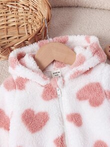 SHEIN 新生女嬰秋冬可愛百搭愛心毛絨連帽外套 - 粉色 - 查看 3