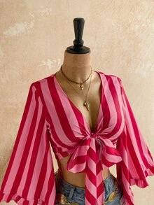 Soleia Women's Striped Front Knot Bell Sleeve Fashion Cropped Shirt - Pink - View 4