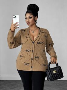 Maweii Plus Size Women's Letter Print Casual Versatile Everyday Cardigan Winter - Mocha Brown - View 3
