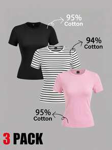SHEIN EZwear 3件組休閒極簡風女款圓領修身長短袖T恤套裝，95%棉，94%棉條紋 - 彩色 - 查看 1