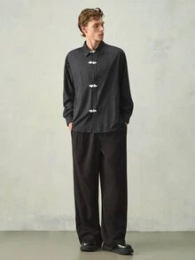 RONVEXI 男士條紋休閒百搭日常穿著長袖襯衫 - 黑色 - 查看 2