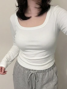 Dazy Plus Solid Color Small Square Neck Korean Style Versatile Long Sleeve White T-Shirt - White - View 1
