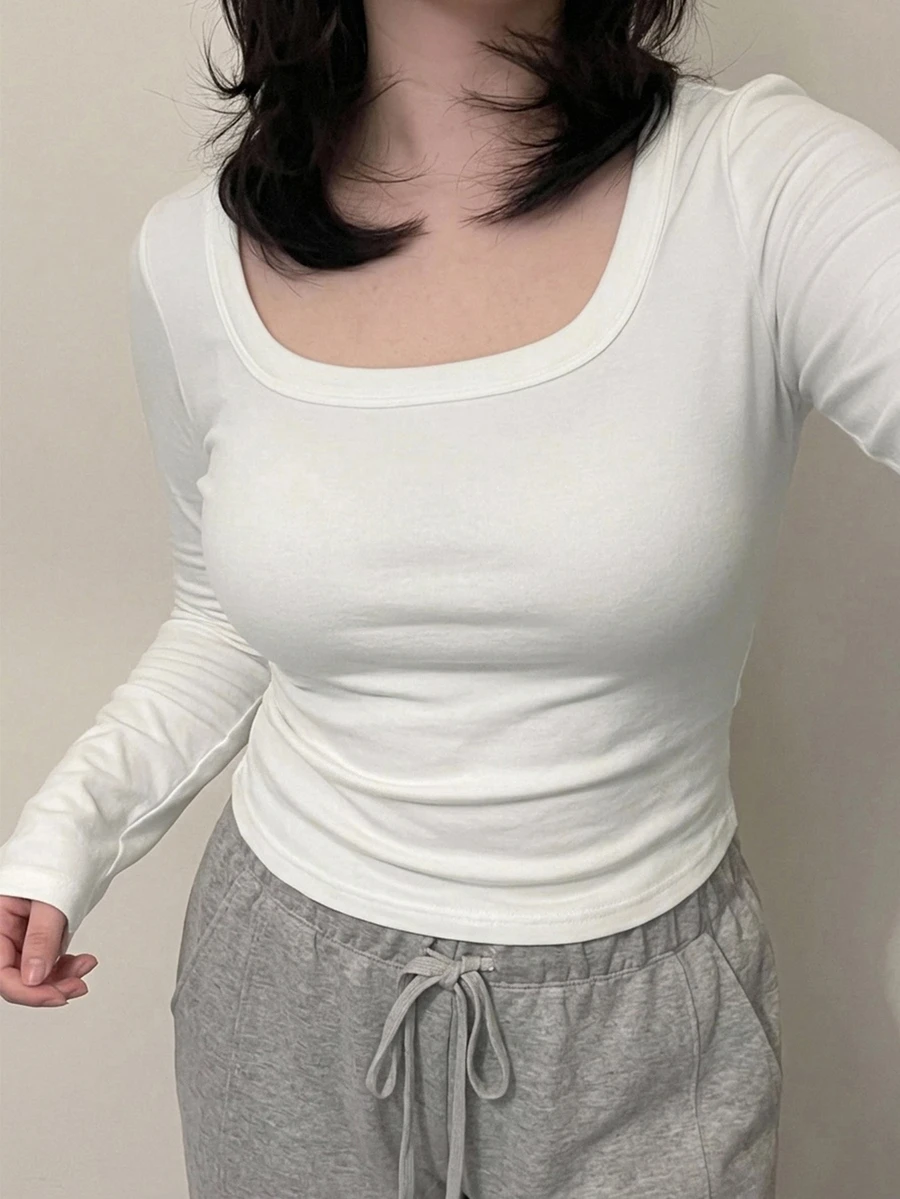 Dazy Plus Solid Color Small Square Neck Korean Style Versatile Long Sleeve White T-Shirt - White - View 1