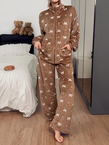 Napfluff Autumn/Winter Plush Stand Collar Zipper Cardigan With Double Pockets And Bow Print Long Sleeve Long Pants Women's Pajama Set - Brown - View 6