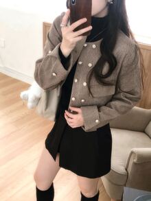 DAZY Brown Herringbone Round Neck Pearl Double-Breasted Short Fitted Long Sleeve Vintage Elegant Tweed Jacket Fall - Khaki - View 7