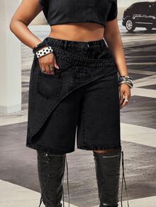 Slaydiva High Waist Loose Asymmetrical Patchwork Plus Size Denim Shorts - Dark Grey - View 3