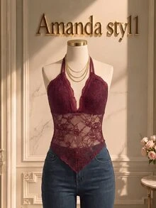 GlowEve Áo camisole ren dây mảnh màu đỏ rượu vang xuân/hè, cổ V sâu, eo xuyên thấu ôm sát, gấu bất đối xứng, áo mặc trong, trang phục hẹn hò, phong cách gợi cảm Pure Desire - Màu Đỏ Sâu - Xem 1