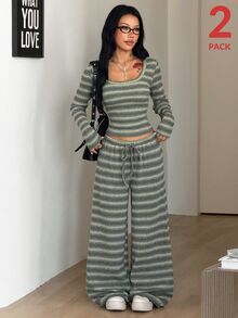 Coolane Bộ đồ mặc nhà 2 món casual hàng ngày gồm áo thun ôm sát cổ vuông tay dài dệt vặn thừng màu xanh kẻ sọc giữ ấm và quần ống đứng - xanh quân đội - Xem 6