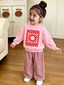 秋冬女童幼兒清新復古紅綠旋渦太陽藝術海報字母印花基本款圓領衛衣 + 白色紅條紋寬腿褲 2件套，粉色衛衣，返校季 - 彩色 - 查看 3