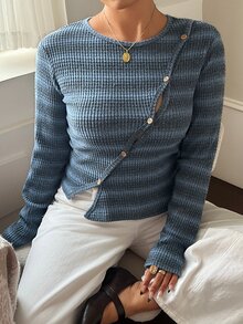 Dazy Plus Floral Yarn Asymmetrical Collar Fitted Long Sleeve Round Neck Casual Vacation Spring Autumn Top Cardigan - Dusty Blue - View 5