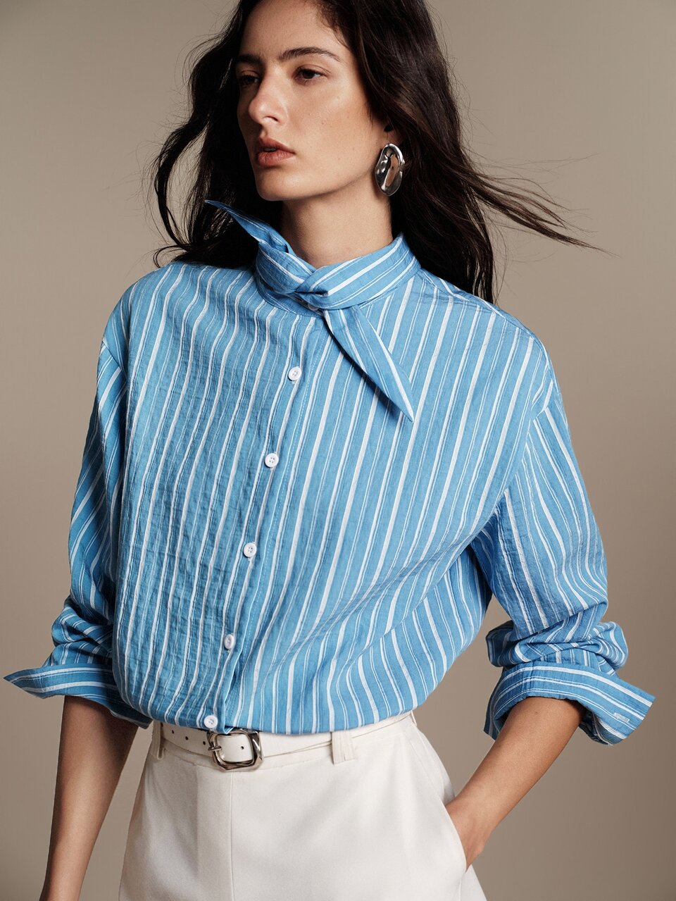 Anewsta Essential Anewsta Women's Elegant Blue Striped 3D Knot Front Long Sleeve Loose Blouse, Minimalist Versatile, Casual & Office