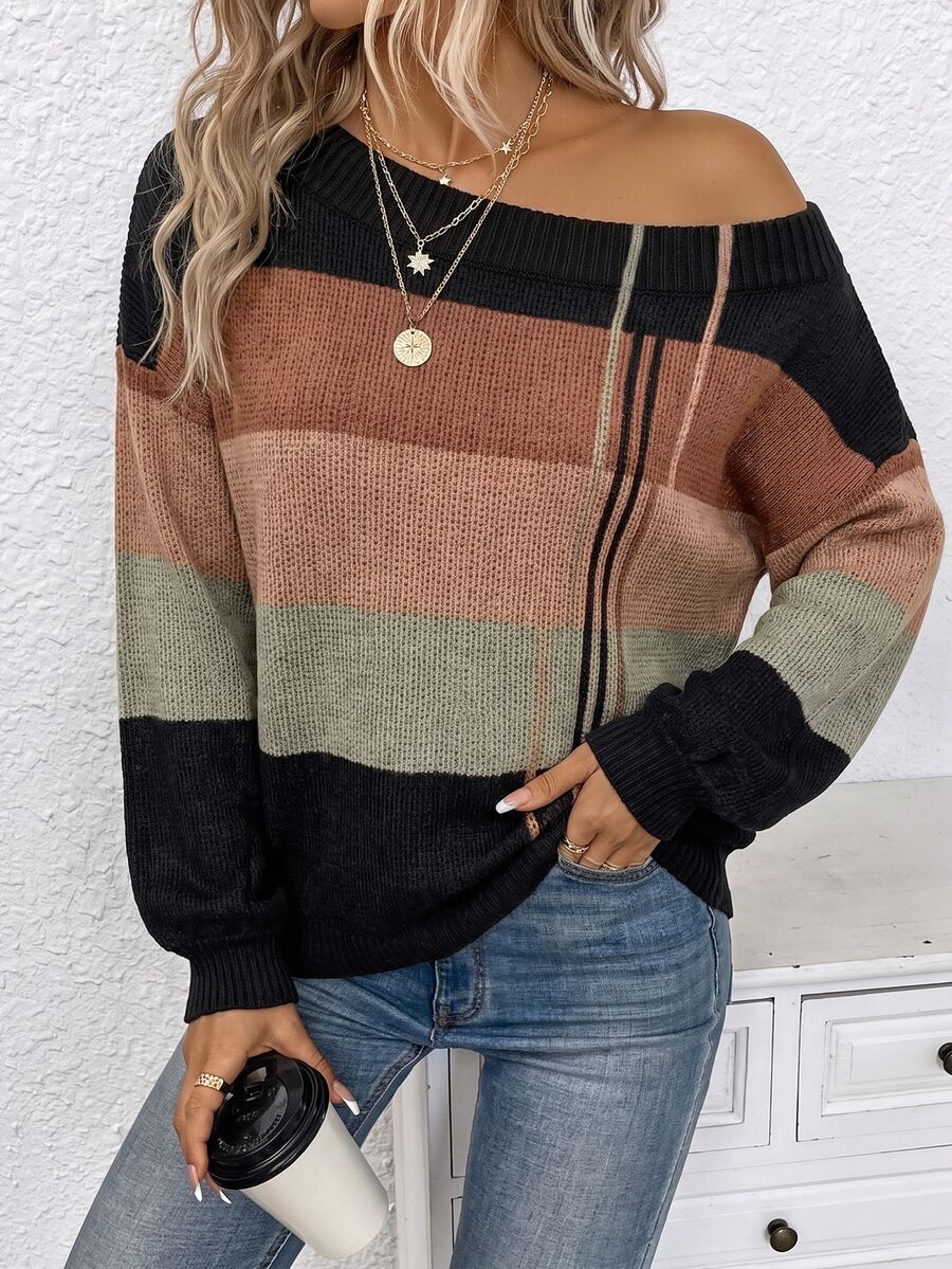 EMERY ROSE Women's Casual Colorblock Asymmetrical Shoulder Sweater, Suitable For Autumn/Winter - Multicolor - View 1