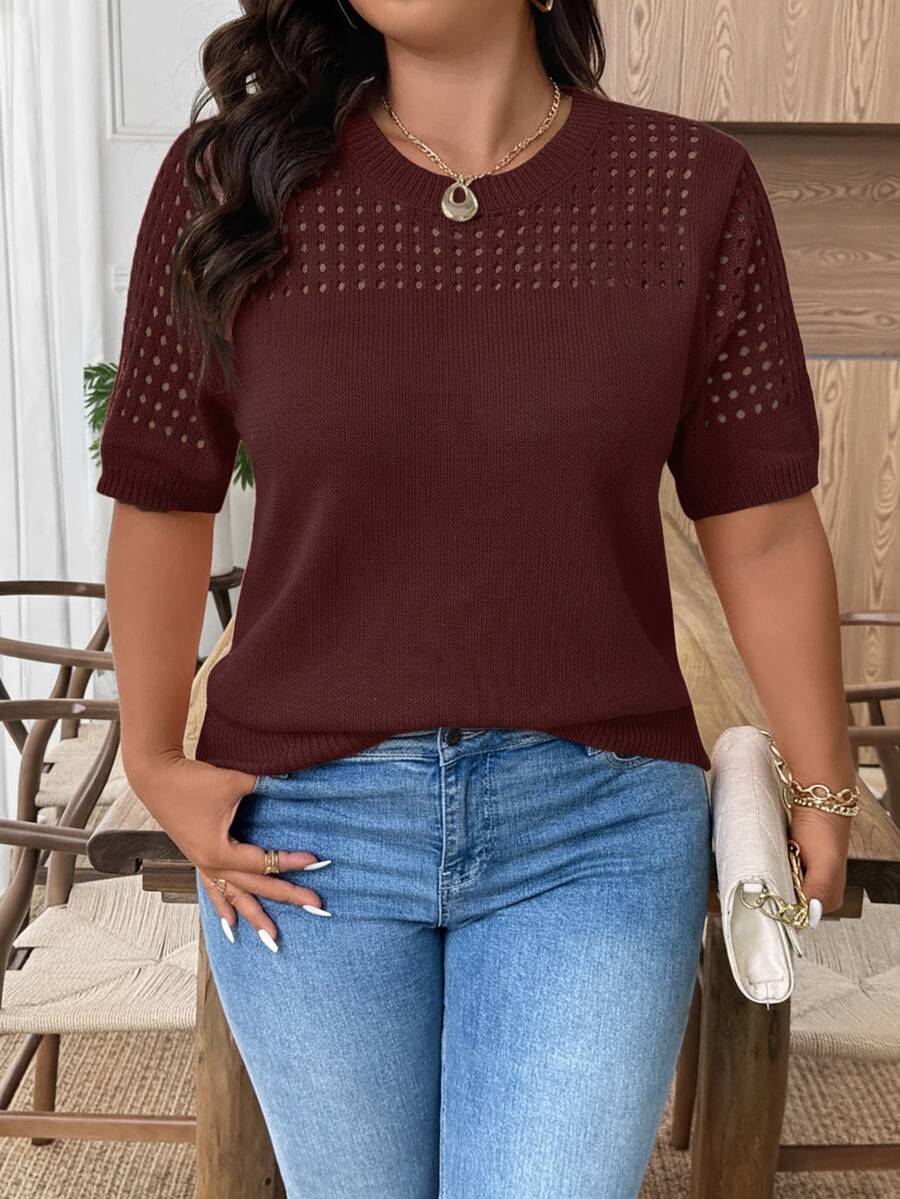EMERY ROSE Plus Size Casual Hollow Out Round Neck Short Sleeve Top, Going Out Tops - Rust Brown - View 1