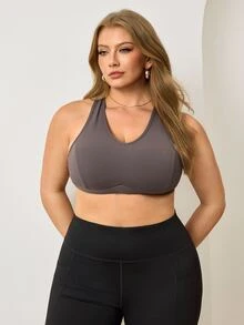 Easithlete Women's Plus Size Solid Color Daily Fitness Sports Bra - Khaki - View 1