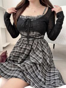 Dazy Plus Early Autumn New Plaid Cami Dress With Tie-Front Cardigan, 2 Pieces Set - Black - View 3