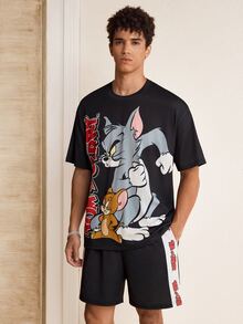 TOM & JERRY X SHEIN Men's Cartoon Print Short Sleeve T-Shirt And Pocket Shorts Set - Black - View 3