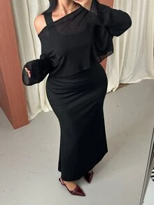 GalTyme Plus Size Women's Summer Asymmetrical Shoulder Long Sleeve Top And Tank Dress 2 Pieces Set - Black - View 5