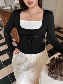Dazy Plus Plus Size Women's 2 In 1 Design Front Tie Sexy Korean Style Long Sleeve T-Shirt Fall - Black - View 7