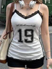 Dazy Plus Letter Print Contrast Lace Fitted Sexy Camisole Top Spring Summer Autumn Vacation - White - View 3