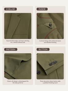 Suiteron Men's Solid Color Long Sleeve Jacket And Shorts Casual Suit Set Men's Italian-Style Relaxed Casual Suit Set For Vacation, Daily Commuting, Old Money - Army Green - View 6