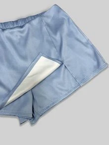 Franclia Plus Size Women Light Blue Faux Denim A-Line Split Skort, High Waist Anti-Exposure 2 In 1 Skirt - Blue - View 3