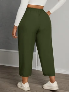 SHEIN PETITE CURVE 女款大尺碼純色抽繩腰休閒百搭日常穿著長褲 - 軍綠色 - 查看 2