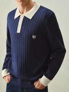 RONVEXI 男士緹花半開襟鈕扣長袖針織衫 - 黑色 - 查看 8
