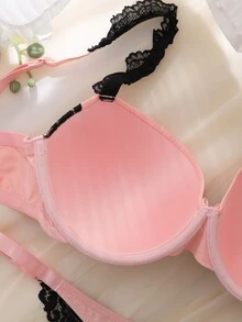 DelicateAllure 2pcs Pink Underwire Molded Cup High Support Lace Patchwork Sheer Romantic Elegant Plus Size Lingerie Set - Pink - View 7