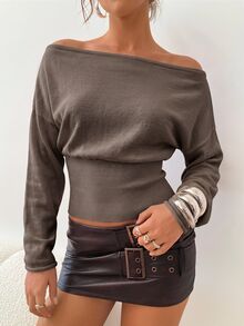 Aloruh Sweater Wanita Lengan Panjang Bergaris Cokelat Model Off-Shoulder untuk Musim Gugur/Dingin - Merah tua - View 6