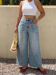 Dazy Plus Loose Wide Leg Denim Jeans With Split Line Slimming Street Casual Versatile Ankle Length Spring Autumn - Light Wash - View 4