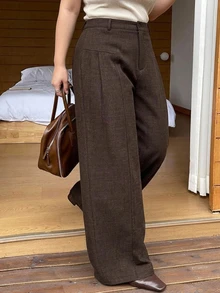 Dazy Plus Plus Size Solid Color Casual Wide Leg Pants For Office - Brown - View 4