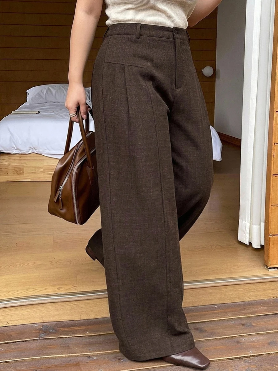 Dazy Plus Plus Size Solid Color Casual Wide Leg Pants For Office - Brown - View 1