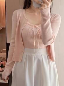 Dazy Plus 2pcs Slim Fit Lace Trim Bow Tie Cami Top & Long Sleeve Open Front Cardigan Casual Korean Style Sweater Set For Girls - Pink - View 1