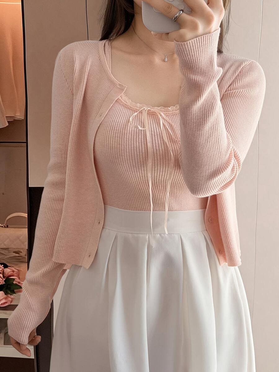 Dazy Plus 2pcs Slim Fit Lace Trim Bow Tie Cami Top & Long Sleeve Open Front Cardigan Casual Korean Style Sweater Set For Girls - Pink - View 1