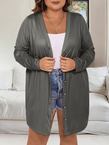 Vionelle Plus Size Autumn Casual Solid Color Jacket Fall - Grey - View 6