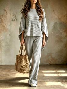 Zayélia Women's Solid Color Boat Neck Cape Sleeve Top And Pants Casual 2 Pieces Set - Grey - View 3