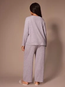 Lazeform Women's Plus Size Knit Ribbed Brushed Fabric Pajama Set, Minimalist Fashion Casual Small Lapel Open Front Long Sleeve Long Pants, Spring Autumn Winter, Can Be Worn Outdoors - Mauve Purple - View 3