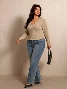 Elaquor Plus Size Autumn Casual Solid Color Front Button T-Shirt Fall - Brown - View 5