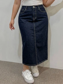 Dazy Plus Vintage Versatile Long Straight Split Hem Denim Skirt, Spring Summer Autumn - Dark Wash - View 3