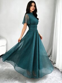 Modelyn Women's Fashionable Blue Polka Dot Pattern Semi-High Neck Ruffle Short Sleeve French Style Long Dress, Waist Pleated Design Slimming And Flattering, Coffee Color Mesh Dress, Suitable For Daily Wear And Vacation Outfits In Spring And Summer - Multicolor - View 5