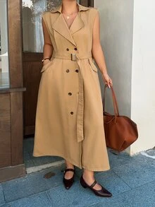 Dazy Plus Vacation Holiday Outfit Sleeveless Double-Breasted Waist-Cinching Tie-Front Khaki Denim Dress - Khaki - View 5