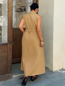 Dazy Plus Vacation Holiday Outfit Sleeveless Double-Breasted Waist-Cinching Tie-Front Khaki Denim Dress - Khaki - View 2