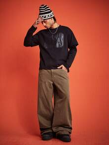 ROMWE MEN Street Life Celana Jeans Pria Kasual Model Lebar dengan Potongan Warna Blok dan Patchwork - Coffee Brown - View 7