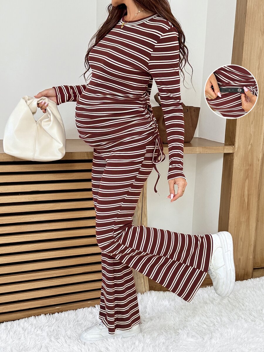 SHEIN Setelan Hamil Musim Gugur Kasual Bergaris Atasan dan Celana dengan Tali Serut Samping 2 Potong - Burgundy - View 1