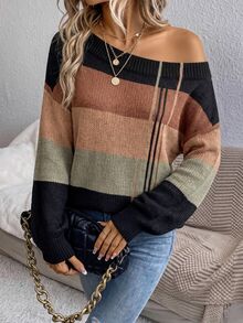 EMERY ROSE Women's Casual Colorblock Asymmetrical Shoulder Sweater, Suitable For Autumn/Winter - Multicolor - View 4