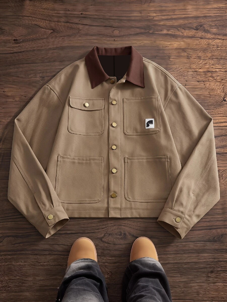 SWAVVY Jaket Pria Lengan Panjang Pas Badan Kasual Bahan Tenun - Coklat - View 1
