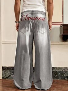 SWAVVY Men's Washed Vintage Distressed Embroidered Denim Jeans - Grey - View 4