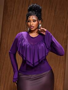 Maweii Plus Size Women's Sexy Round Neck Flowy Ruffle Trim Patchwork Long Sleeve Slim Fit Flattering Mesh Solid Purple T-Shirt Fall - Purple - View 2
